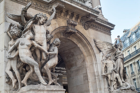 Sculpted group The Dance, a copy by Paul Belmondo of the original by Jean-Baptiste Carpeaux, main facade of Opera Garnier or Palais Garnier, Paris, Ile-de-France region, France