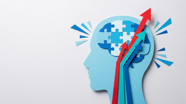 Paper cutouts of a head silhouette with puzzle piece brain and upward arrows, symbolizing ideas, growth, and progress