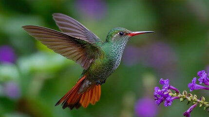 Fototapeta premium Green and orange hummingbird hovering near purple flowers in nature.