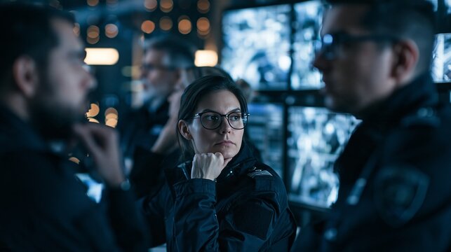 Officers Monitor Security Feeds at a Digital Criminal Justice Center During a Shift