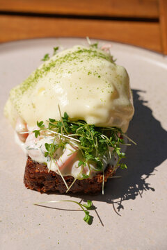 Traditional Scandinavian shrimp toast (toast Skagen) with dill, egg and mayonnaise