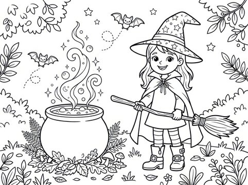 Little witch brewing magic potion coloring page in forest