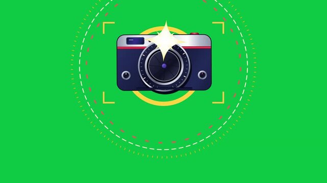 Retro camera icon on green screen, vintage photography symbol with flash, chroma key background for video editing, digital media asset 4k