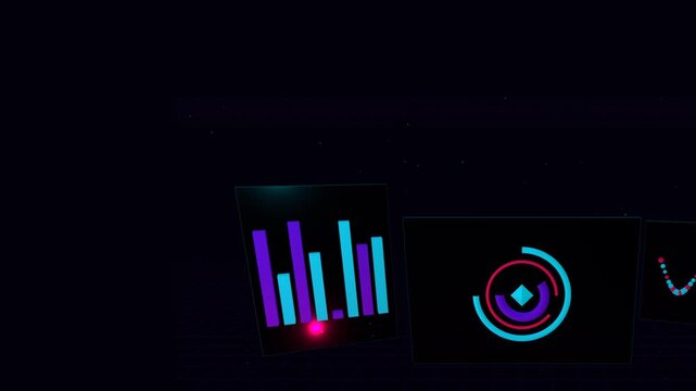 Berdasarkan referensi antarmuka dasbor data, animasi 3D ini menggabungkan gaya poster vektor futuristik dengan elemen analitik bisnis, bentuk melingkar, dan gelombang data menggunakan gradie