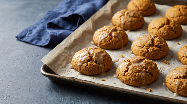 Pumpkin cookies on a baking sheet with blue cloth on a table  