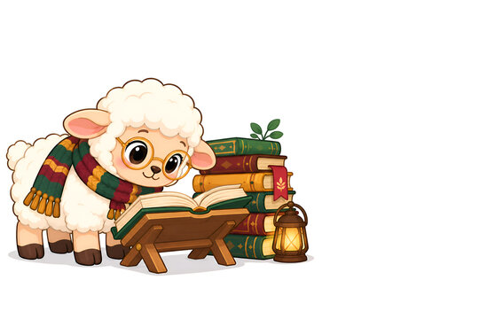 Cute baby sheep bookworm mascot with reading glasses reading an open book beside a stack of books, education and reading concept, 2D vector illustration on white background