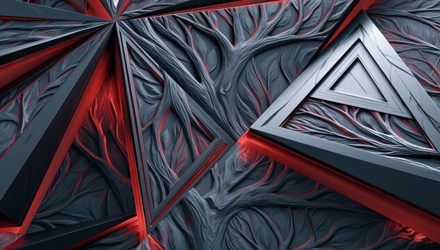 Abstract dark triangles with organic root textures and glowing red edges. Futuristic geometric 3D background. Technology, network and energy concept. Modern digital design wallpaper.