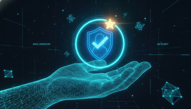 Digital hand holds glowing security shield icon with checkmark symbol for digital credentialing and single sign on access verification.