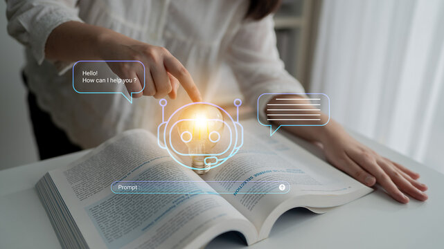 A person is interacting with an open book while a glowing chatbot interface appears, showcasing modern technology role in education and assistance. Cyphers