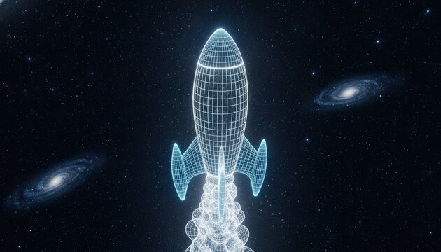 Rocket ship launches into the dark void of deep space represented as a blue wireframe animation with glowing nebulae in the background.