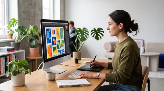 Young woman graphic designer working on a colorful abstract design on her computer at home office
