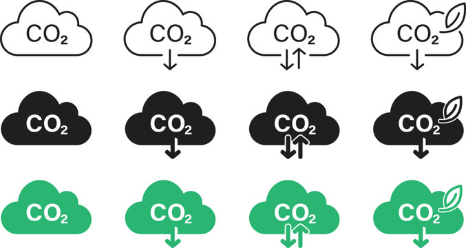 CO2 emissions reduction cloud icons set, Carbon footprint reduction and eco-friendly vector illustration, Outline and solid symbols for environmental protection design