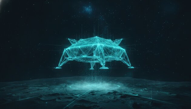 Lunar lander module wireframe model hovers above the glowing moon surface in deep space, representing futuristic cosmic mission exploration.