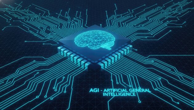 Artificial general intelligence concept shows a glowing wireframe human brain graphic embedded on a central processing unit motherboard chip circuit.