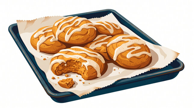 Pumpkin cookies on a baking sheet with icing drizzle  