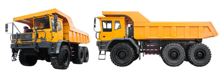 2 photos of new large yellow dump truck:  front view at 45-degree angle and side view, isolated on transparent  background. © Aleksandr Matveev