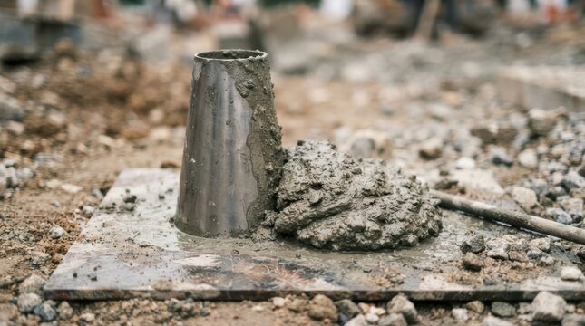Slump cone test beside damp mortar, steel base plate, aggregate, and soil particles for fresh concrete consistency checking.