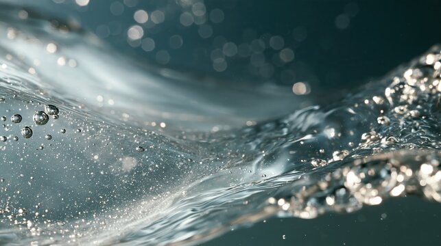 Clear water wave with bubbles and sparkling droplets in close-up macro view. Dark teal water surface with soft bokeh. Pure drinking water freshness concept. Liquid texture and hydration