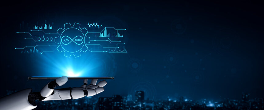 Futuristic Robotic Hand Holding Smart Device with Digital Interface Representing Technology and Innovation in Urban Landscape at Night. Entropy.