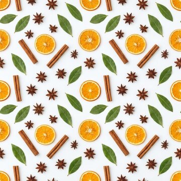 Christmas spice pattern with dried orange slices, cinnamon sticks, star anise and bay leaves on white background. Holiday baking ingredients. Seasonal food and pattern design.