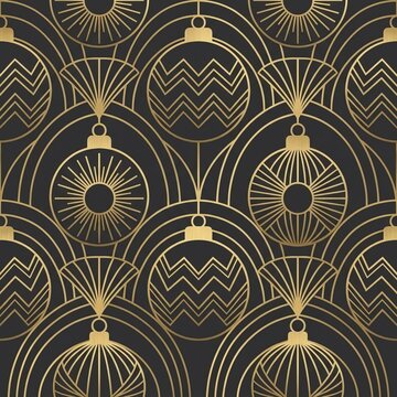 Gold Christmas bauble pattern with geometric linework on dark background. Art deco holiday wrapping paper design. Elegant seasonal ornament motif. Holiday card and decorative textile