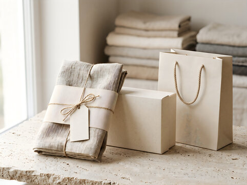 Wrapped gift package and paper shopping bag on a rustic wooden table surface mockup