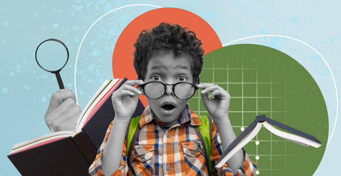 Surprised Young Black Boy With Curly Hair Wearing Glasses Holding Books And A Magnifying Glass, Displaying Shocked Expression In A Learning Environment, Embracing Curiosity And Knowledge Concept.