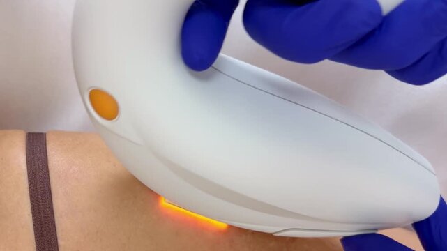 Doctor Hand in Glove Holding IPL Handpiece During Phototherapy Treatment on Patient Arm &ndash; Intense Pulsed Light Procedure with Light Flashes