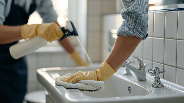 Two-person end-of-tenancy cleaning team scrubbing bathroom tiles in vacated flat, grout brush detail work, limescale removal spray, sparkling chrome taps, natural window light