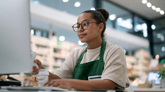 Ethiopian female pharmacist in green apron using barcode scanner on prescription bottle at computer workstation, modern pharmacy management system, inventory tracking, healthcare