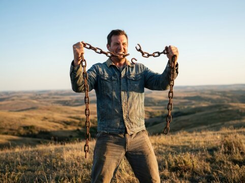 Broken Chain Man Stands Free in Open Rural Landscape