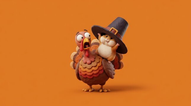 A cute hamster wearing a pilgrim hat riding on the back of a panicked, claystyle turkey against a solid orange background for thanksgiving