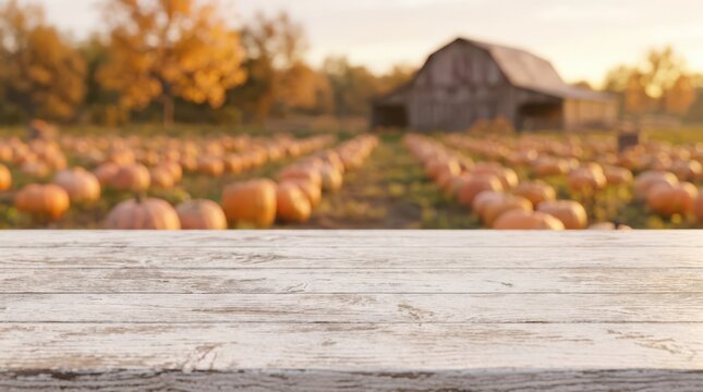 Empty rustic wooden table surface in front of a blurred pumpkin patch field with a barn in the background during a sunny autumn day