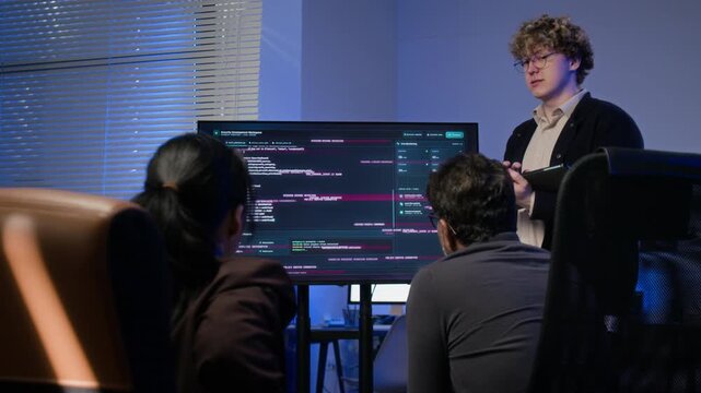 Young adult Caucasian specialist presenting code to diverse colleagues until monitor displaying cyberattack alert. Ideal for cybersecurity campaigns, corporate data safety promos and tech training