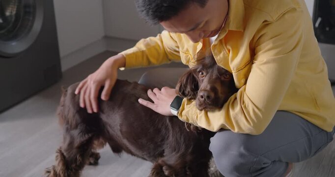 Asian man crouching, reaching and soothing brown dog in laundry corner, in yellow shirt