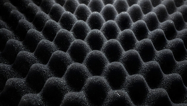 Close up shot of dark grey acoustic foam panels used for sound absorption and noise reduction in a professional recording studio