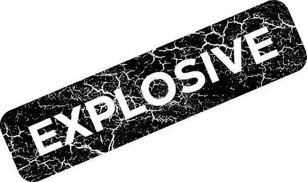 Black grunge explosive rubber stamp watermark with distressed cracked texture isolated on white background for warning label, sticker, and graphic design overlay.