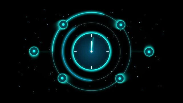 Futuristic digital clock hud interface with rotating neon rings and particle effects for tech data visualization