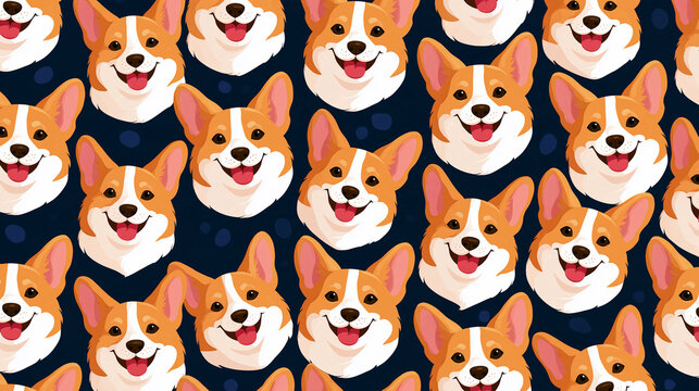 Delightful pattern of happy corgis filling the frame with cheerful faces, with copy space