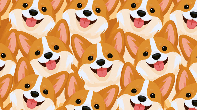 Delightful pattern of happy corgis filling the frame with cheerful faces, with copy space