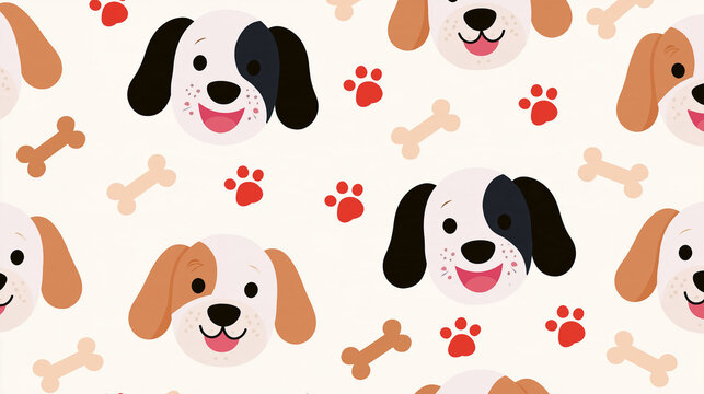 Dog faces with bones and paw prints on a soft background, cheerful pet pattern, playful decor, animal lover design, seamless pattern, with copy space