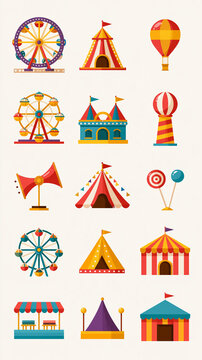 Amusement and entertainment icon set for carnival, festival and leisure events, theme park, funfair rides, games and family activities, editable vector, with copy space