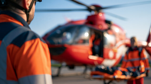 Helicopter landing with a patient on a stretcher for emergency medical evacuation, with copy space