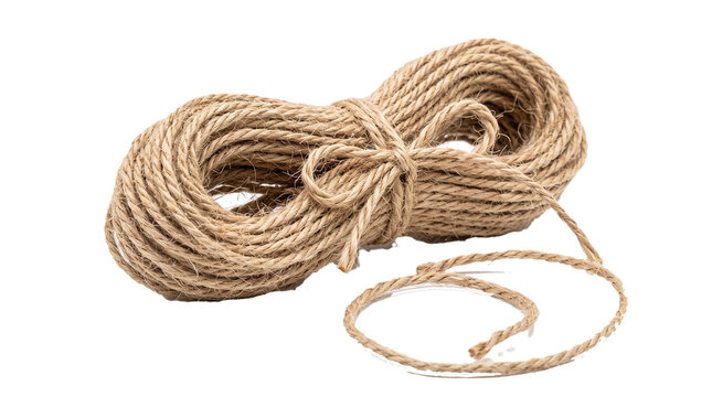 Natural jute twine rope roll, brown coiled hemp cord for craft packaging, rustic fibrous string isolated on white
