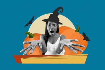 Fototapeta premium Surprised Black Female With Witch Hat And Scared Expression, Extending Arms In Fright Among Halloween Pumpkins, Set In Colorful Background. Halloween Concept.