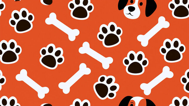 Seamless pattern with dog paw prints and bones, vector pet background, cute wallpaper for dog lovers, textile print, wrapping paper, with copy space