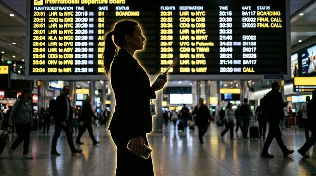 Businesswoman checking flight information at airport departure board with passengers in background