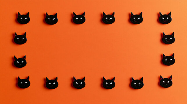 Festive Halloween background with a rectangular border of small black cat icons on a solid orange backdrop, with copy space