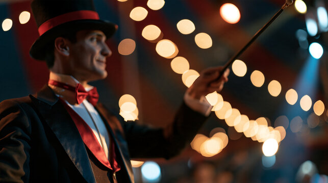 Faceless circus ringmaster in a circus tent, dramatic lighting, with copy space