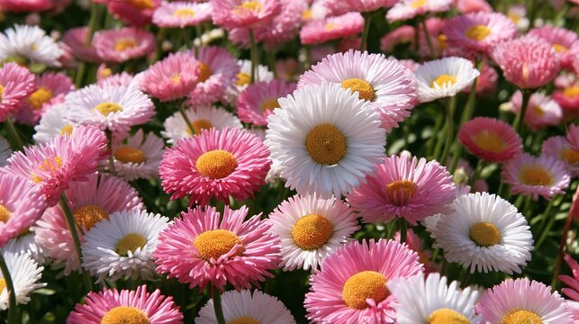 Pink and white daisy flowers blooming in garden close up with yellow centers.